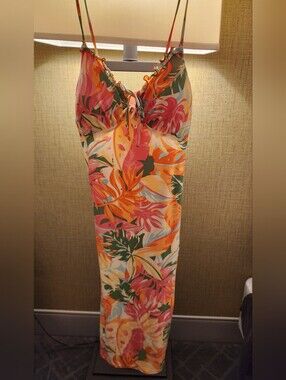 NOBO Tropical Floral Maxi Swim Cover-Up in Coral, Orange & Green